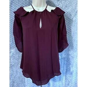Parker Cold Shoulder Silk Ruffled Sleeve Blouse Eggplant Size S Romantic Luxury